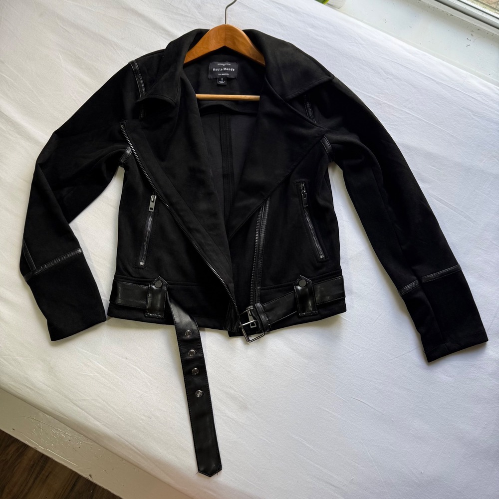 Haute Monde Los Angeles Black Faux Suede Moto Jacket Faux Leather Trim Small